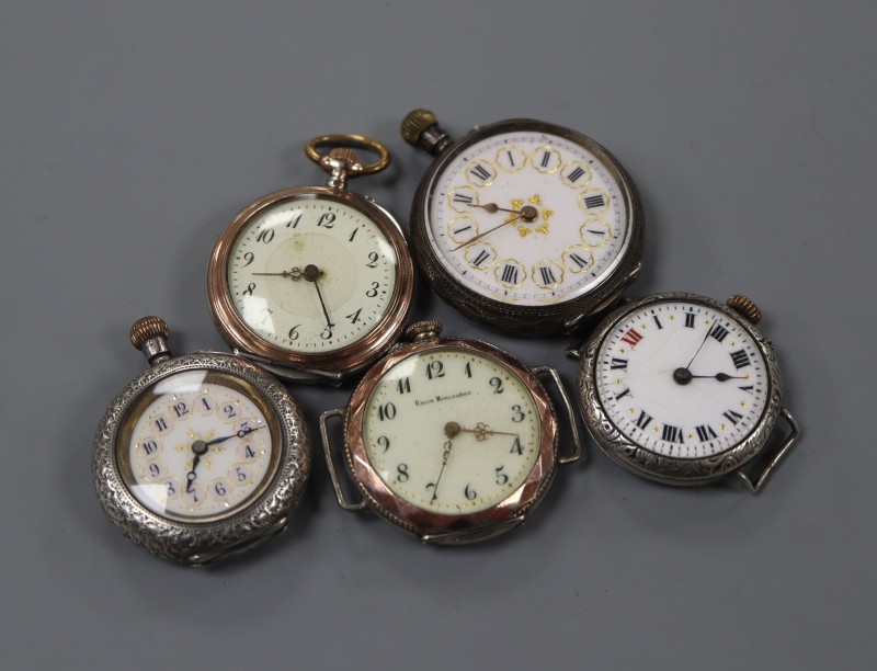 Three assorted continental white metal fob watches and two similar wrist watches.